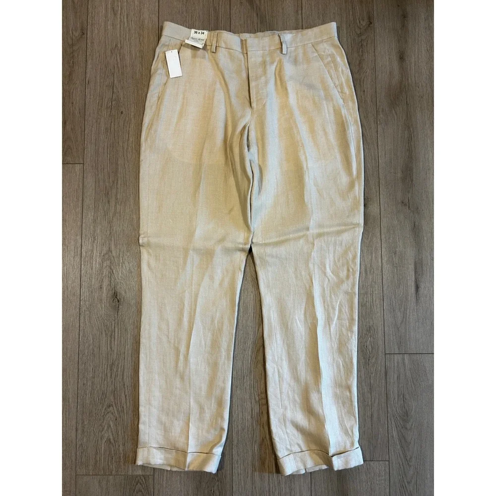 Murano Baird McNutt Irish Linen Herringbone Pants Mens 36x34 Beige Cuffed New